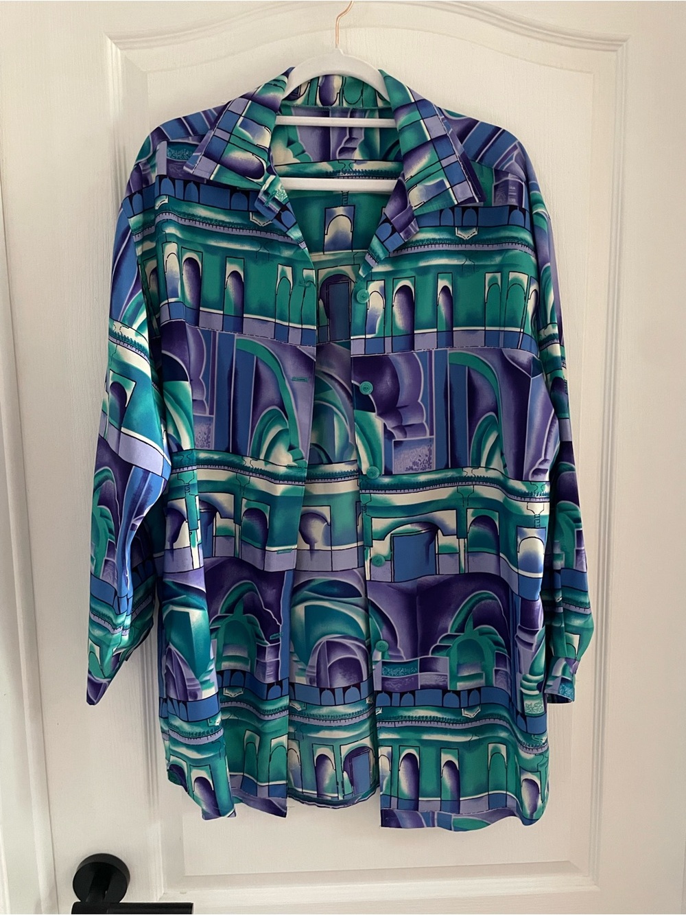 Abstract Geo-Print Button-Down Shirt in Teal & Purple